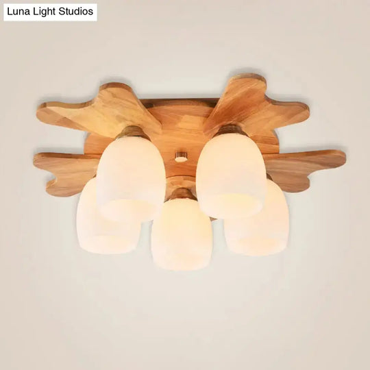 Nordic Cream Glass Bell Flush Ceiling Light With Antler Top And Wood Accents