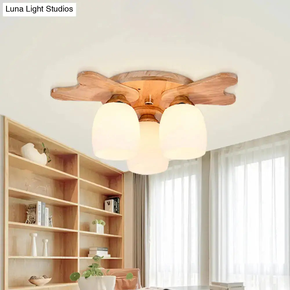 Nordic Cream Glass Bell Flush Ceiling Light With Antler Top And Wood Accents