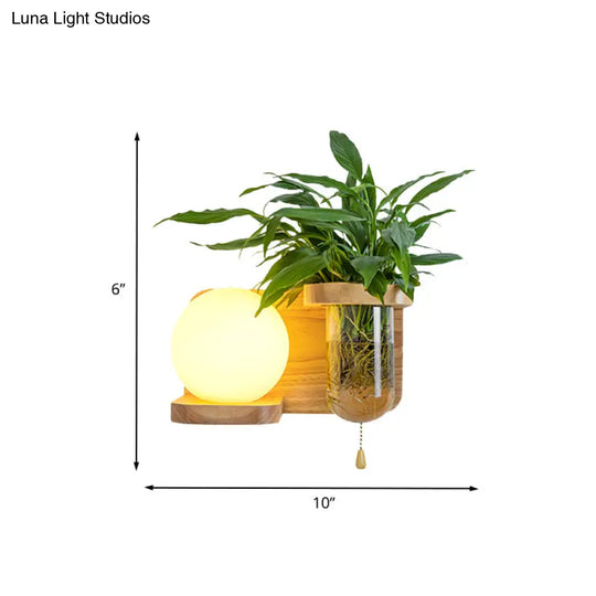 Nordic Cream Glass Wall Sconce With Wood Globe/Cylinder Design - Bedroom Light Plant Pot And Pull