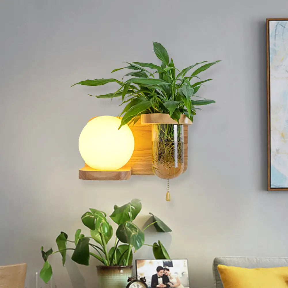 Nordic Cream Glass Wall Sconce With Wood Globe/Cylinder Design - Bedroom Light Plant Pot And Pull