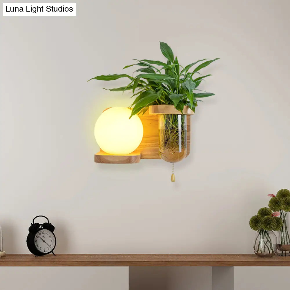 Nordic Cream Glass Wall Sconce With Wood Globe/Cylinder Design - Bedroom Light Plant Pot And Pull