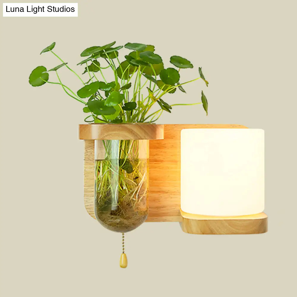 Nordic Cream Glass Wall Sconce With Wood Globe/Cylinder Design - Bedroom Light Plant Pot And Pull