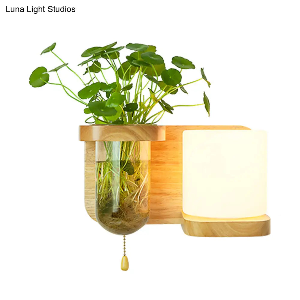 Nordic Cream Glass Wall Sconce With Wood Globe/Cylinder Design - Bedroom Light Plant Pot And Pull