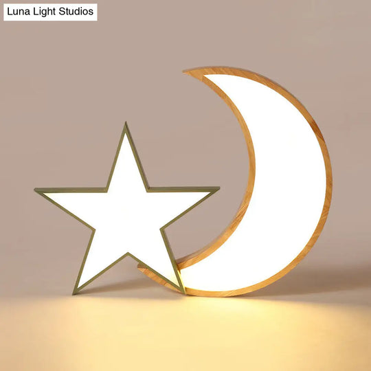 Nordic Crescent & Moon Led Ceiling Light For Kindergarten - Acrylic Wood Finish Green / Natural