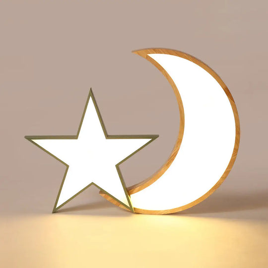 Nordic Crescent & Moon Led Ceiling Light For Kindergarten - Acrylic Wood Finish Green / Natural