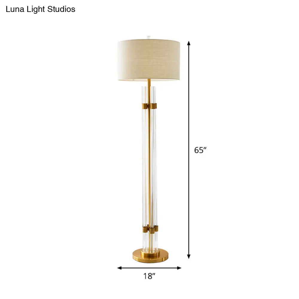 Nordic Crystal Floor Lamp With Led Beige Lighting And Drum Fabric Shade