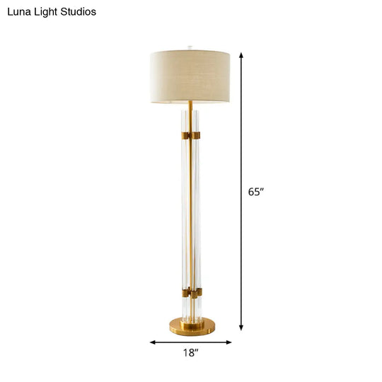 Nordic Crystal Floor Lamp With Led Beige Lighting And Drum Fabric Shade