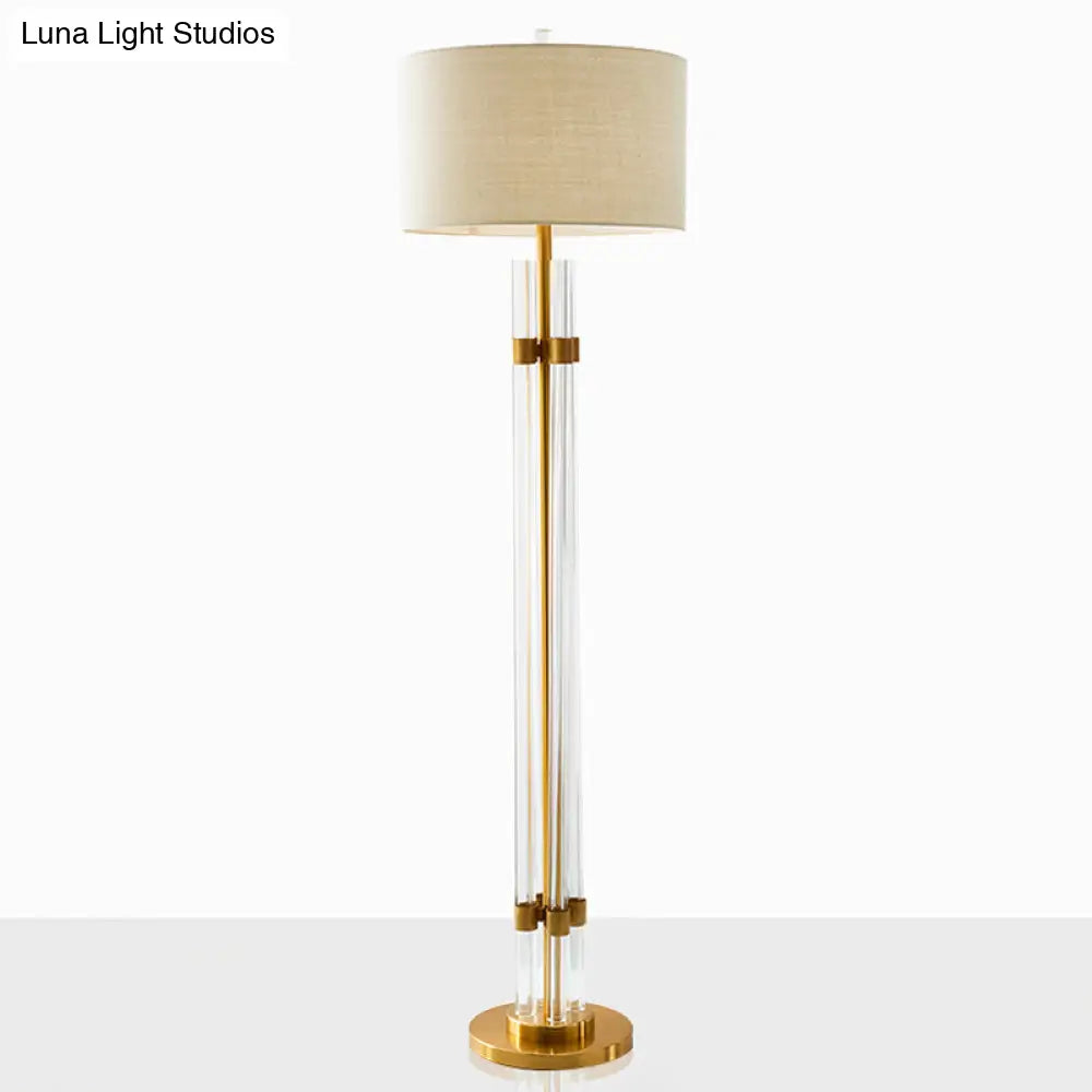 Nordic Crystal Floor Lamp With Led Beige Lighting And Drum Fabric Shade