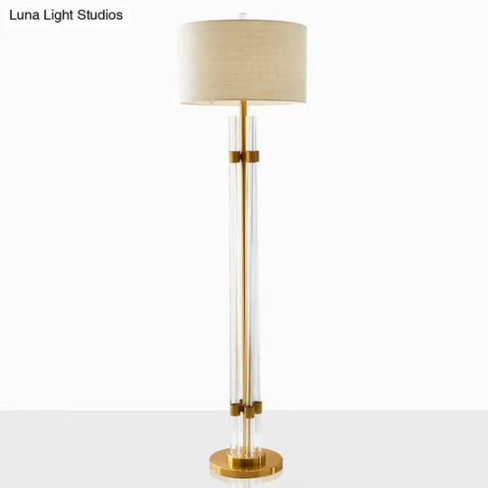 Nordic Crystal Floor Lamp With Led Beige Lighting And Drum Fabric Shade