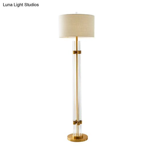 Nordic Crystal Floor Lamp With Led Beige Lighting And Drum Fabric Shade