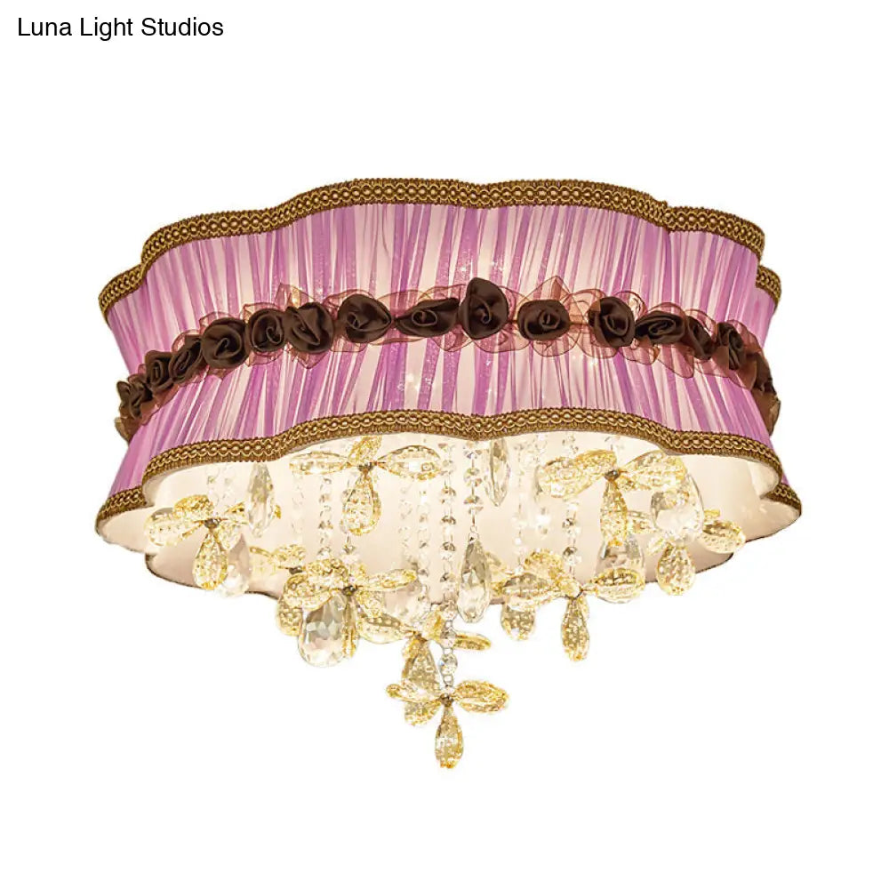 Nordic Crystal Floral Flushmount Light With Sheer Fabric Shade - Coffee/Pink 6-Bulb Close To Ceiling