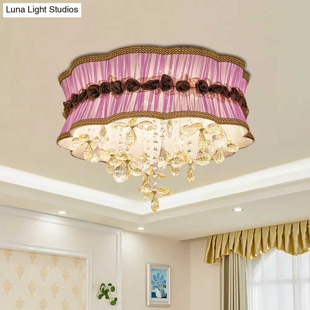 Nordic Crystal Floral Flushmount Light With Sheer Fabric Shade - Coffee/Pink 6-Bulb Close To Ceiling