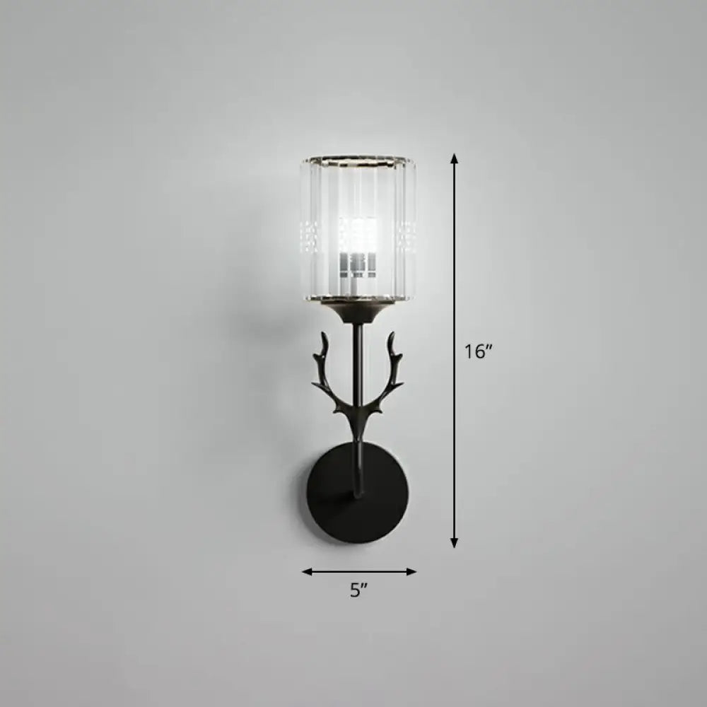 Nordic Crystal Prism Wall Sconce With Antler Design - Cylinder Mount Light 1 / Black