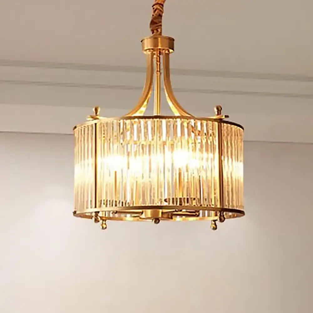 Nordic Crystal Rod Drum Chandelier - Brass 4-Light Hanging Ceiling Light For Dining Room