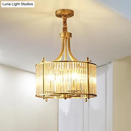 Nordic Crystal Rod Drum Chandelier - Brass 4-Light Hanging Ceiling Light For Dining Room