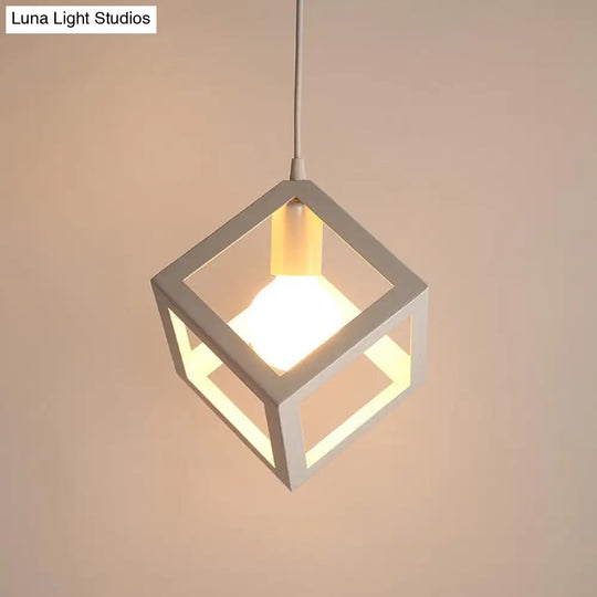 Nordic Cube Frame Metal Ceiling Pendant Light In White - 1-Head Down Lighting