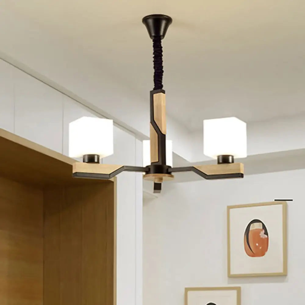 Nordic Cube-Shaped Ceiling Lamp With Wooden Chandelier For Living Room (3 Or 5 Heads) 3 / Black