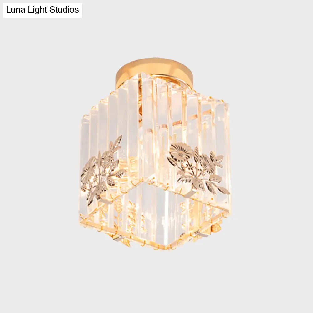 Nordic Cube-Shaped Semi Flush Crystal Ceiling Light Fixture Gold Finish