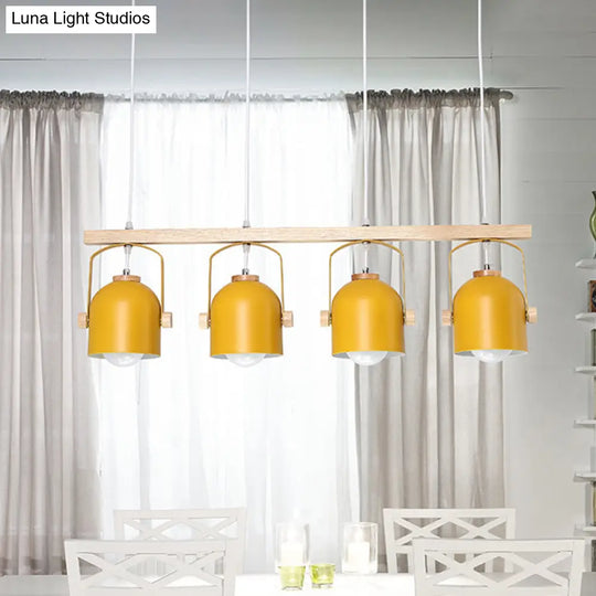 Nordic Dome Island Light: 3/4-Light Wood Chandelier With Metal Shade