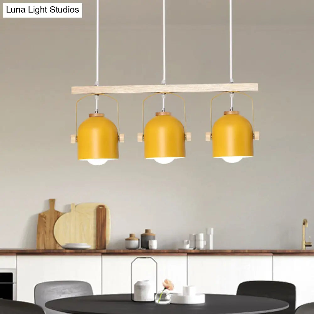 Nordic Dome Island Light: 3/4-Light Wood Chandelier With Metal Shade