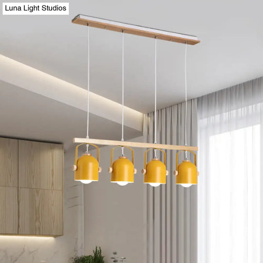 Nordic Dome Island Light: 3/4-Light Wood Chandelier With Metal Shade