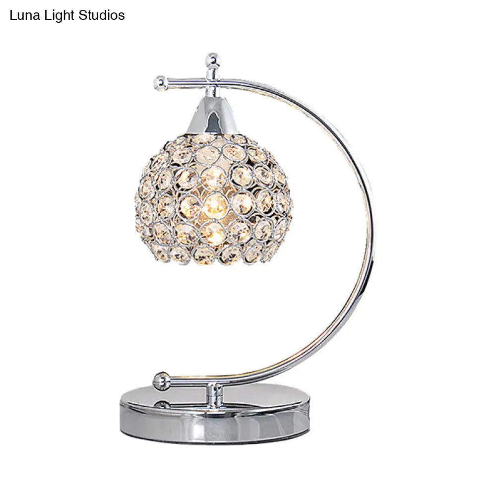 Nordic Domed Crystal Table Lamp - Small Desk Lighting With Arched Arm In Silver