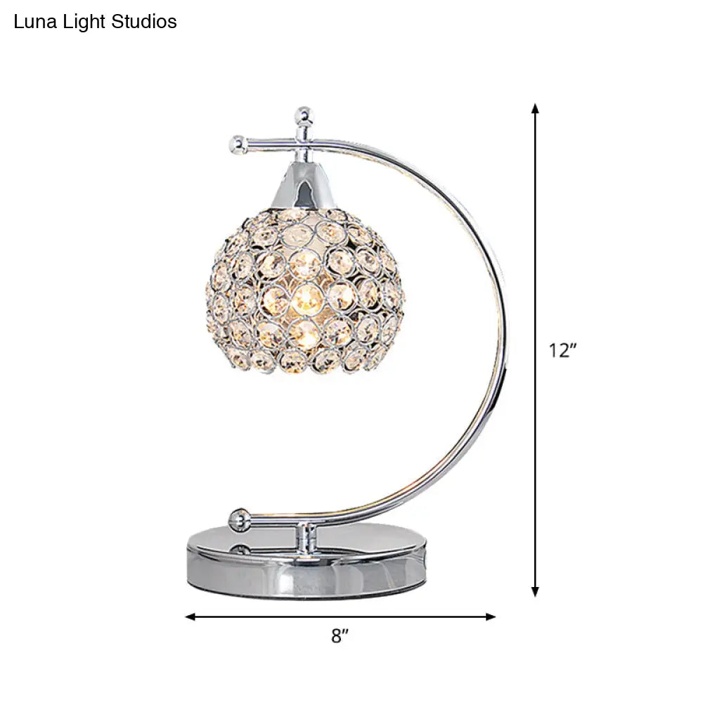 Nordic Domed Crystal Table Lamp - Small Desk Lighting With Arched Arm In Silver