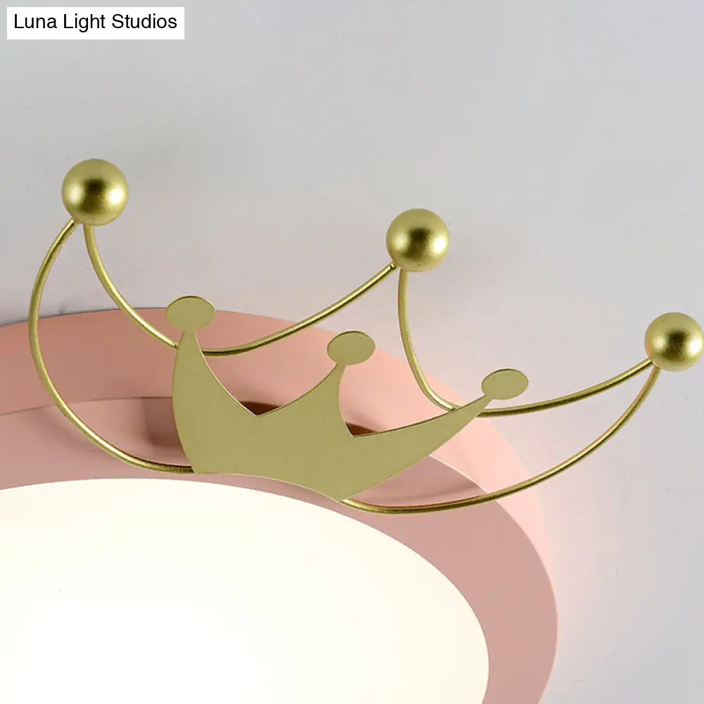 Nordic Drum Flushmount Lighting: Gold Crown Led Flush Light For Kids - Blue/Pink Warm/White