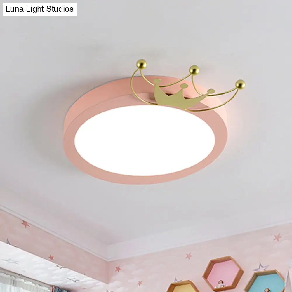 Nordic Drum Flushmount Lighting: Gold Crown Led Flush Light For Kids - Blue/Pink Warm/White