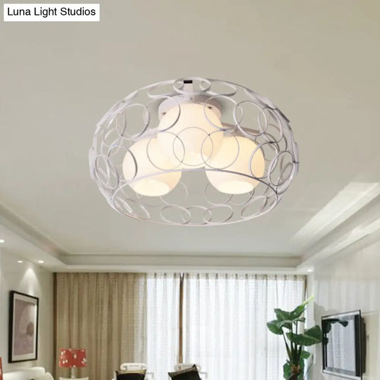 Nordic Drum Iron Cage Ceiling Light With Ball Glass Shade In White/Black Perfect For Dining Rooms