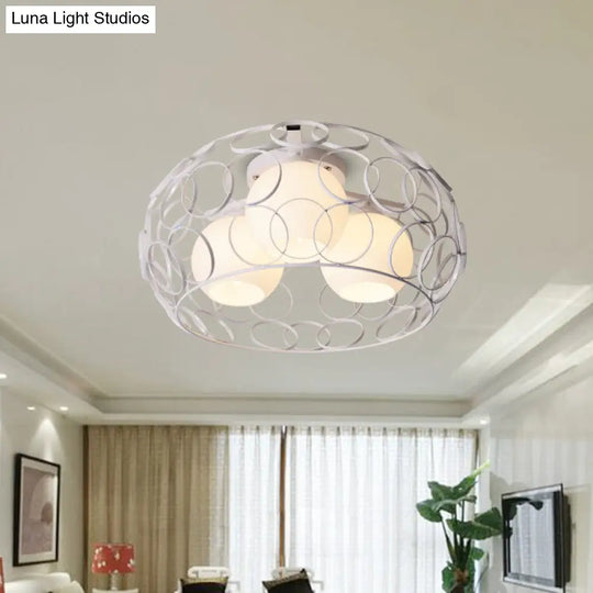 Nordic Drum Iron Cage Ceiling Light With Ball Glass Shade In White/Black – Perfect For Dining Rooms