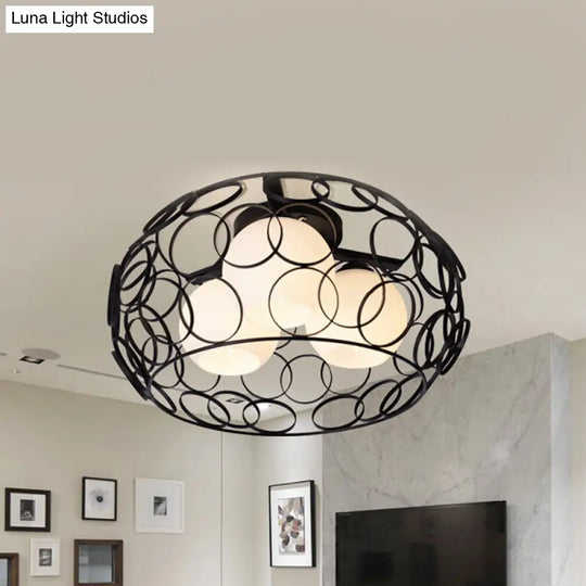Nordic Drum Iron Cage Ceiling Light With Ball Glass Shade In White/Black Perfect For Dining Rooms