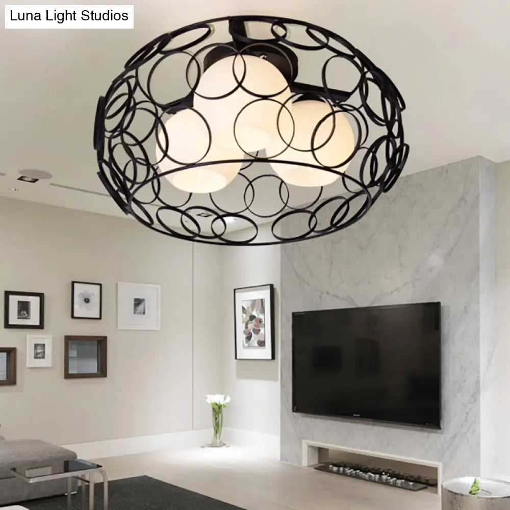 Nordic Drum Iron Cage Ceiling Light With Ball Glass Shade In White/Black – Perfect For Dining Rooms