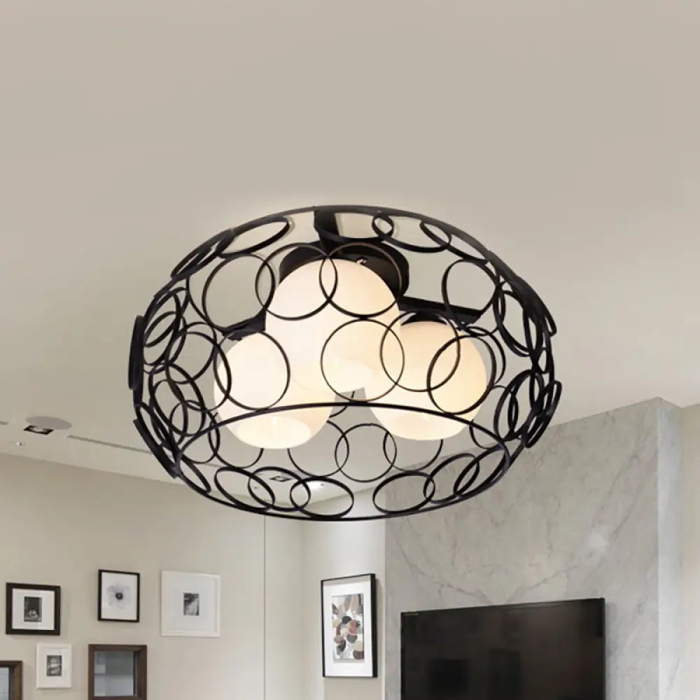 Nordic Drum Iron Cage Ceiling Light With Ball Glass Shade In White/Black – Perfect For Dining