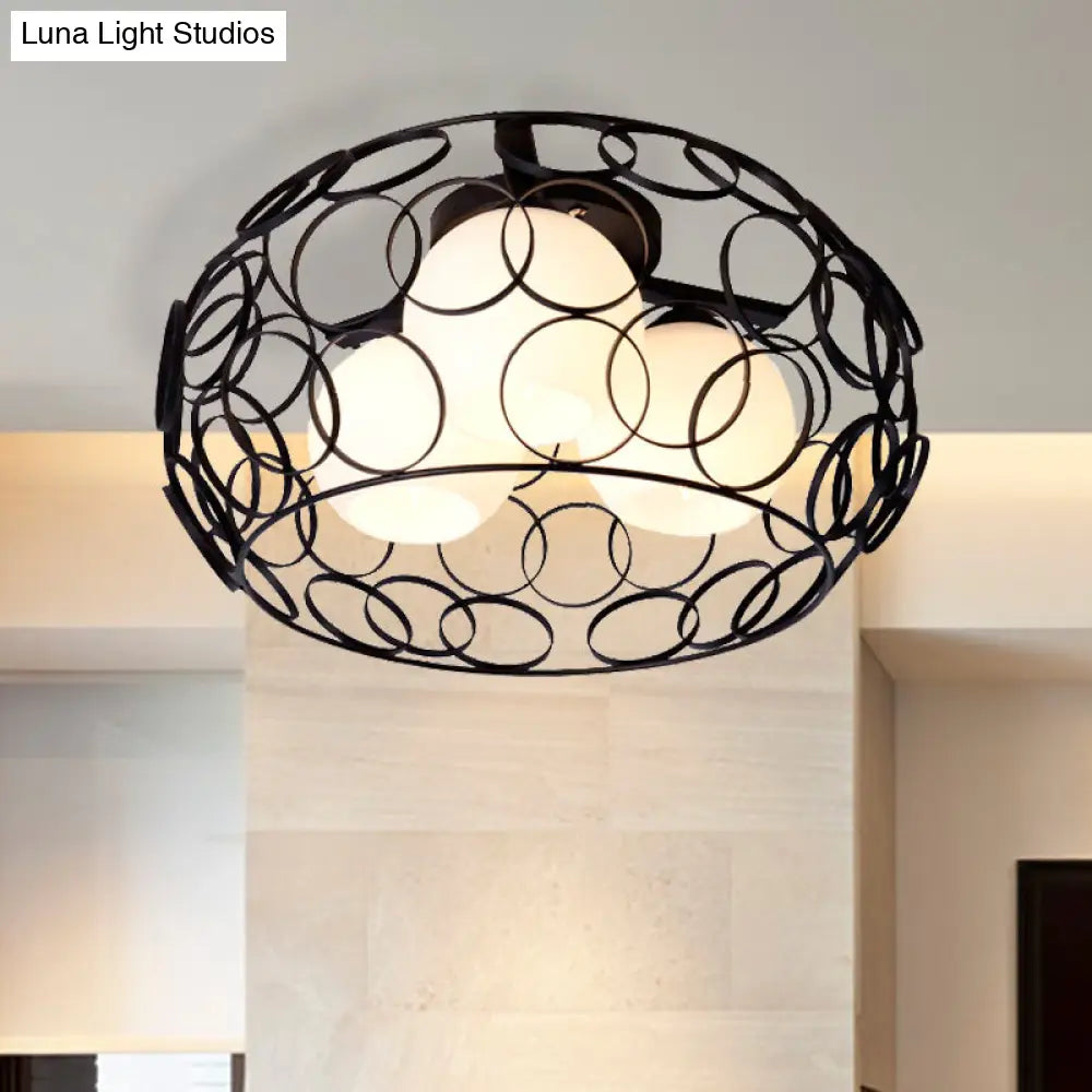 Nordic Drum Iron Cage Ceiling Light With Ball Glass Shade In White/Black Perfect For Dining Rooms