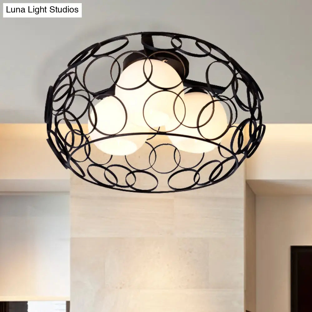 Nordic Drum Iron Cage Ceiling Light With Ball Glass Shade In White/Black – Perfect For Dining Rooms