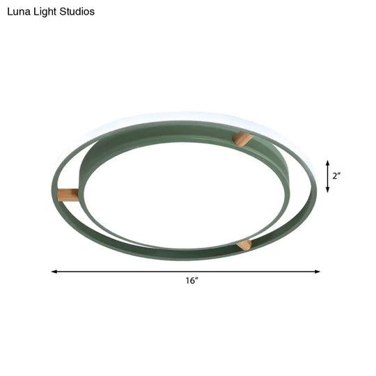 Nordic Dual Circle Led Ceiling Flush Light With Wood Arm - White/Green/Grey Thin Flushmount Lighting