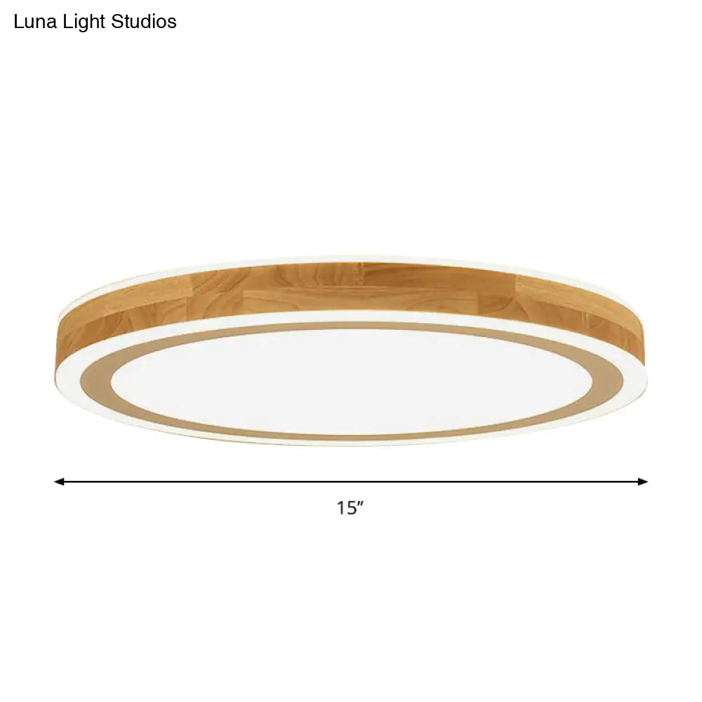 Nordic Dual Halo Ring Flush Mount Lamp - 12/15 Dia Wooden Led Ceiling Lighting In Beige Ideal For