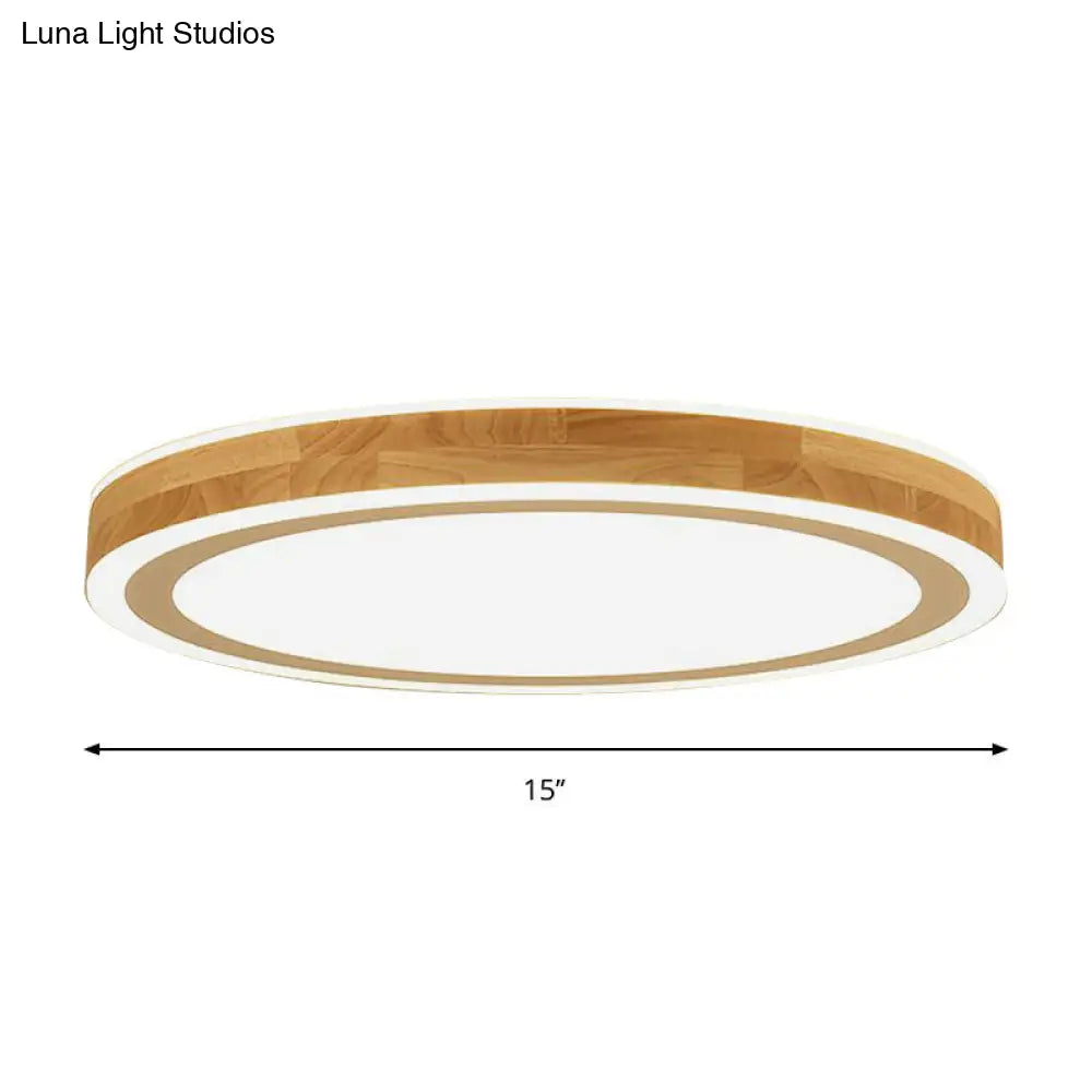 Nordic Dual Halo Ring Flush Mount Lamp - 12’/15’ Dia Wooden Led Ceiling Lighting In Beige Ideal