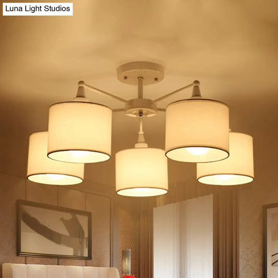 Nordic Fabric Semi Flush Mount Lamp In White - 5-Bulb Bedroom Ceiling Chandelier