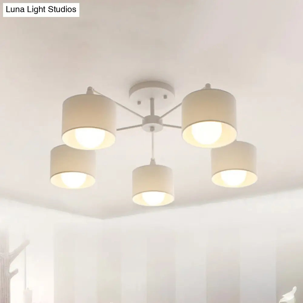 Nordic Fabric Semi Flush Mount Lamp In White - 5 - Bulb Bedroom Ceiling Chandelier