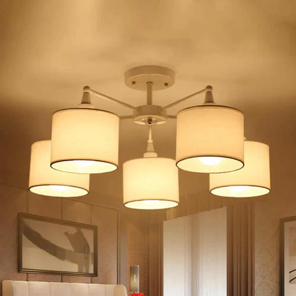 Nordic Fabric Semi Flush Mount Lamp In White - 5 - Bulb Bedroom Ceiling Chandelier