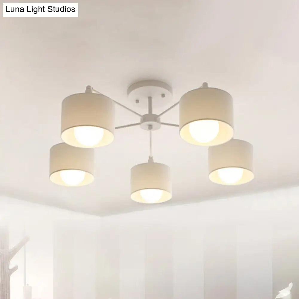 Nordic Fabric Semi Flush Mount Lamp In White - 5-Bulb Bedroom Ceiling Chandelier