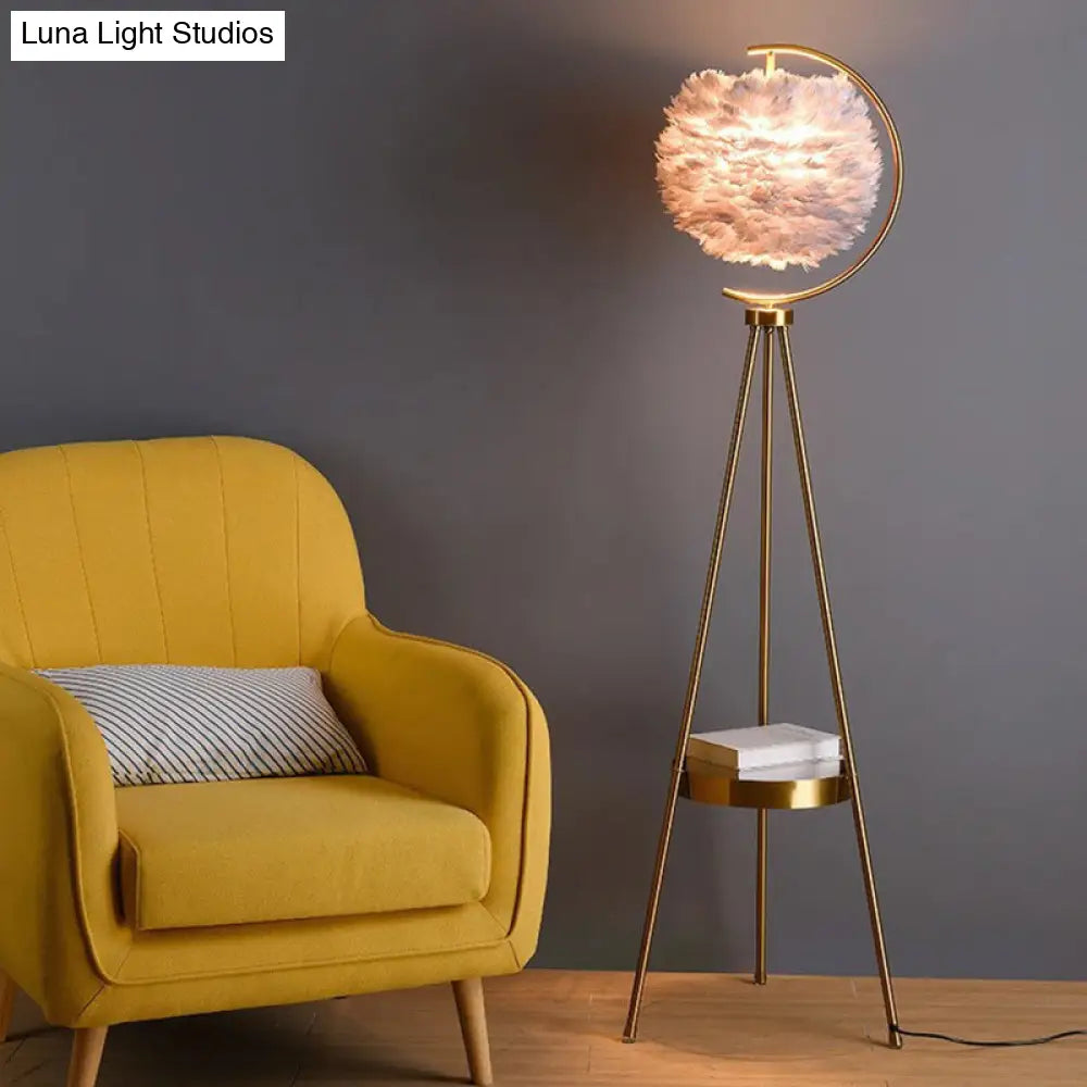 Nordic Feather Ball Floor Lamp With Brass Tripod And Tray