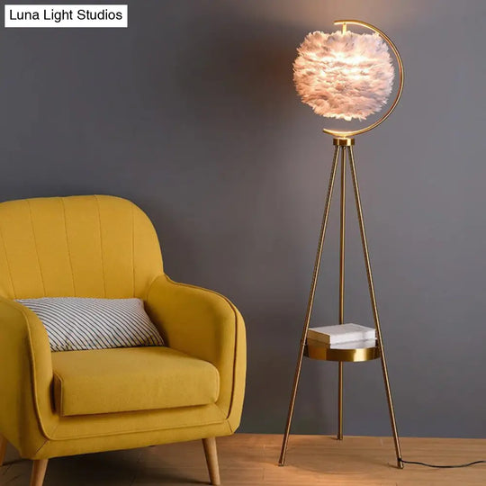 Nordic Feather Ball Floor Lamp With Brass Tripod And Tray