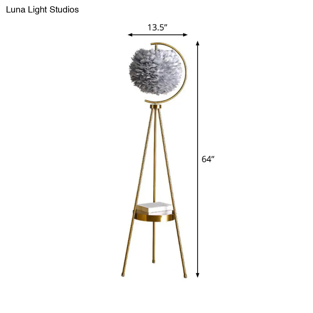 Nordic Feather Ball Floor Lamp With Brass Tripod And Tray