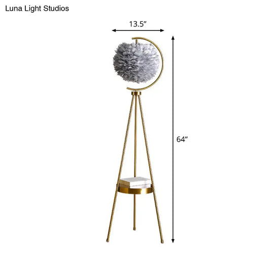 Nordic Feather Ball Floor Lamp With Brass Tripod And Tray