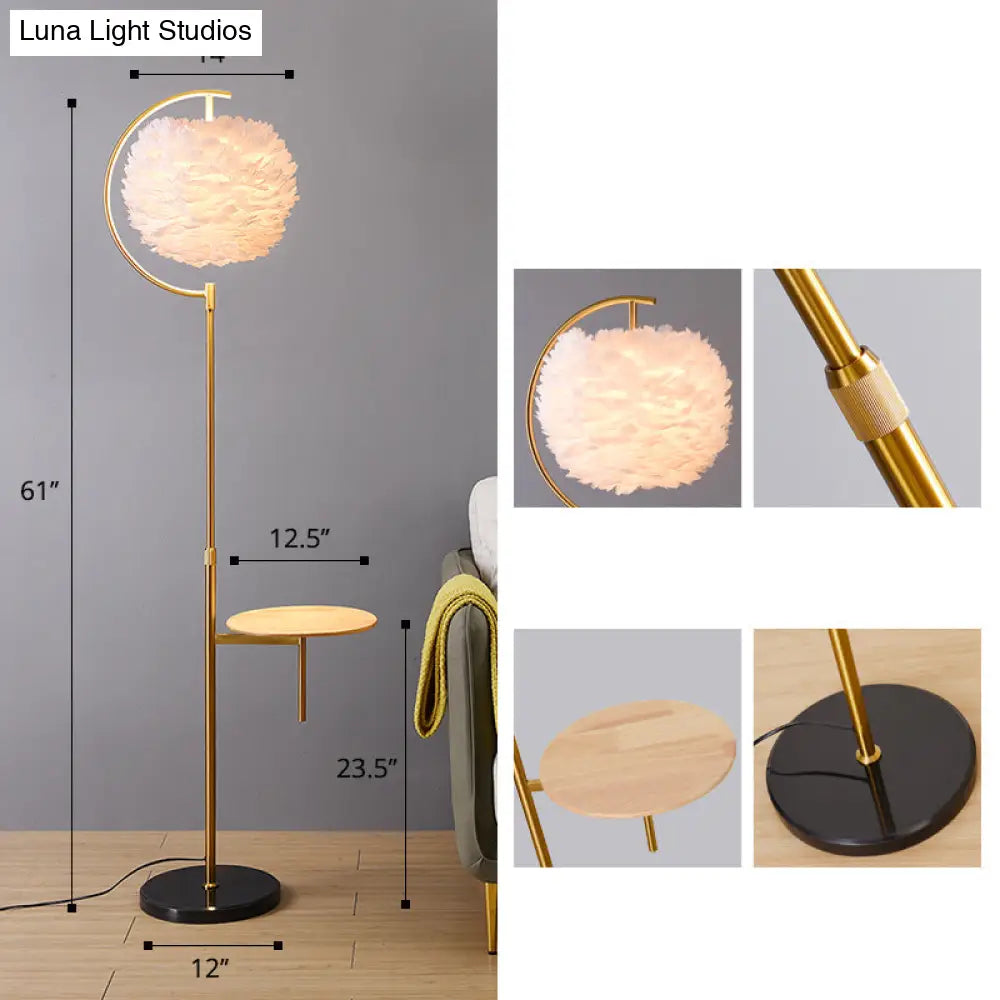 Nordic Feather Ball Shade Floor Lamp With Adjustable Height And Wooden Tray