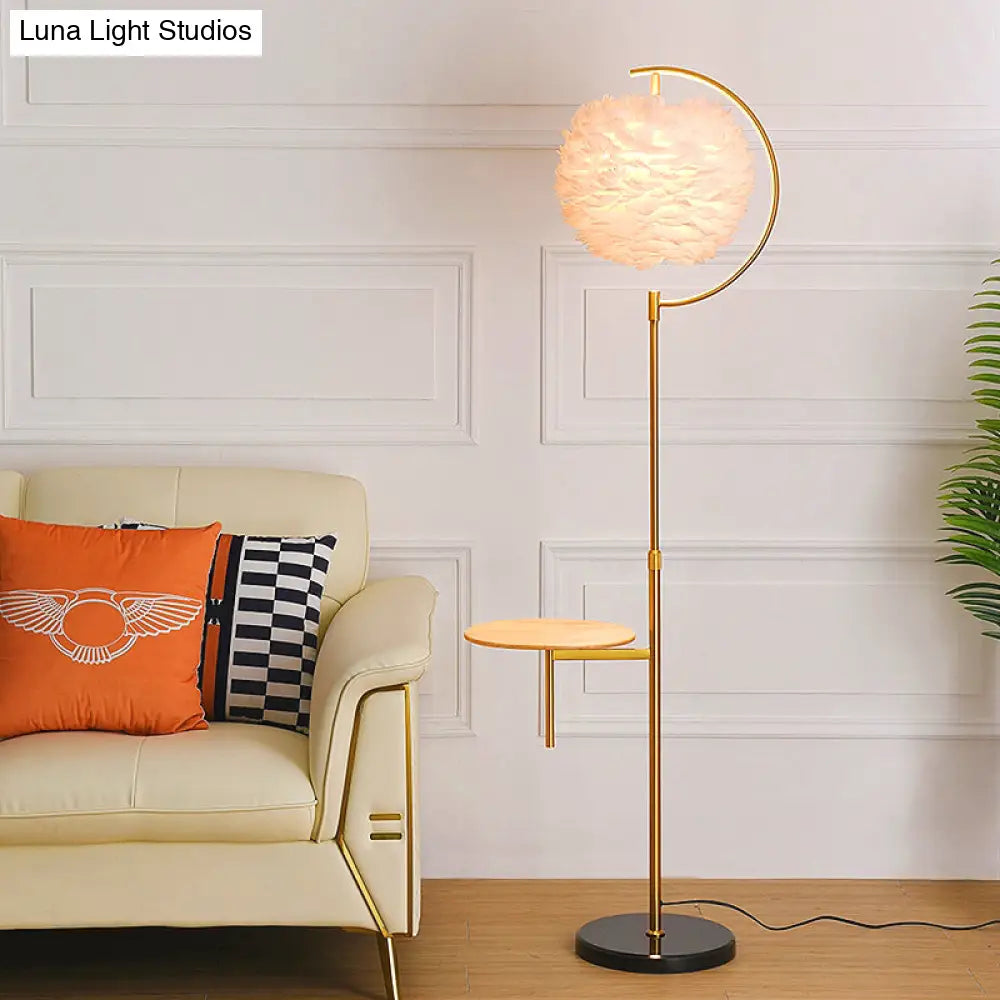 Nordic Feather Ball Shade Floor Lamp With Adjustable Height And Wooden Tray