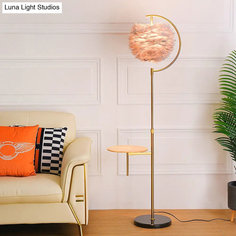 Nordic Feather Ball Shade Floor Lamp With Adjustable Height And Wooden Tray